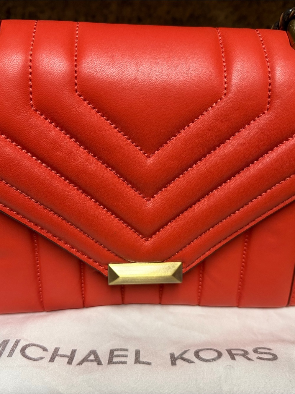 Michael Kors Coral-Red Quilted Leather Crossbody with Gold Accent